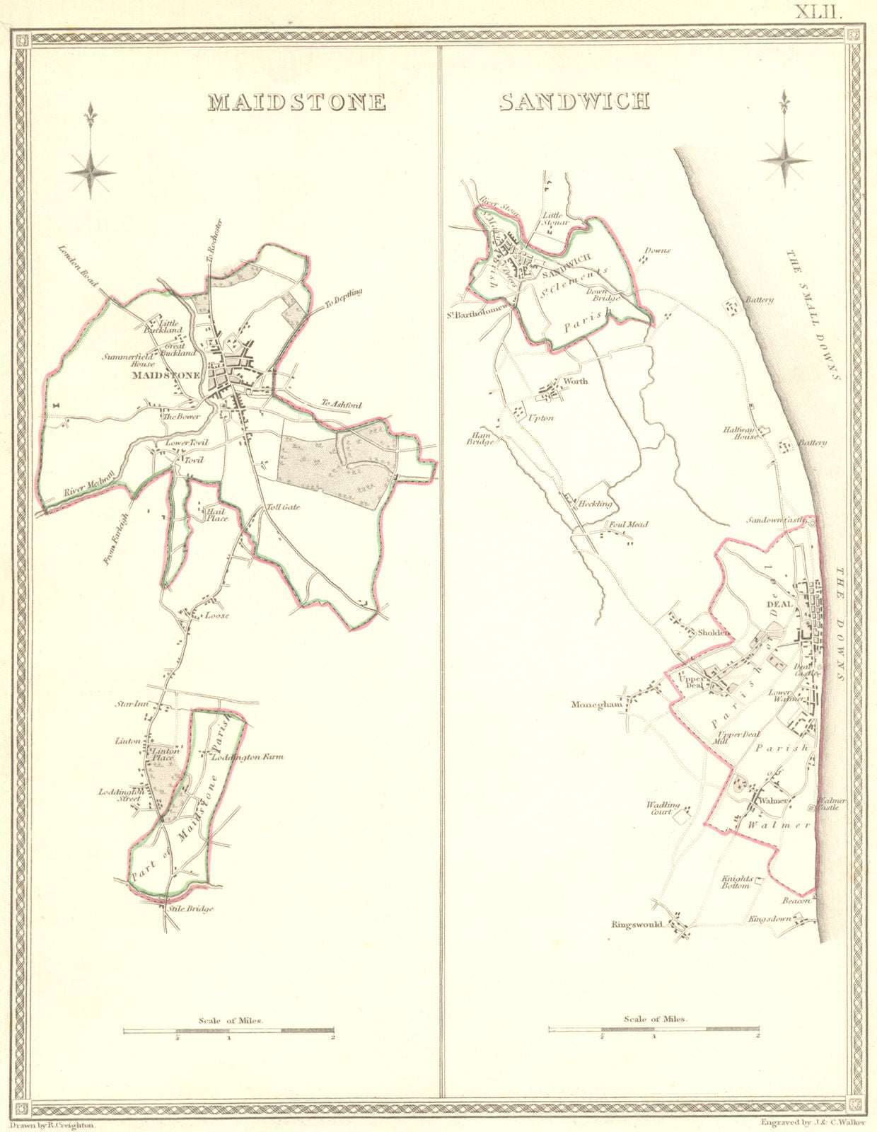 MAIDSTONE SANDWICH. Town Plan. Creighton Walker 1837 old antique map chart